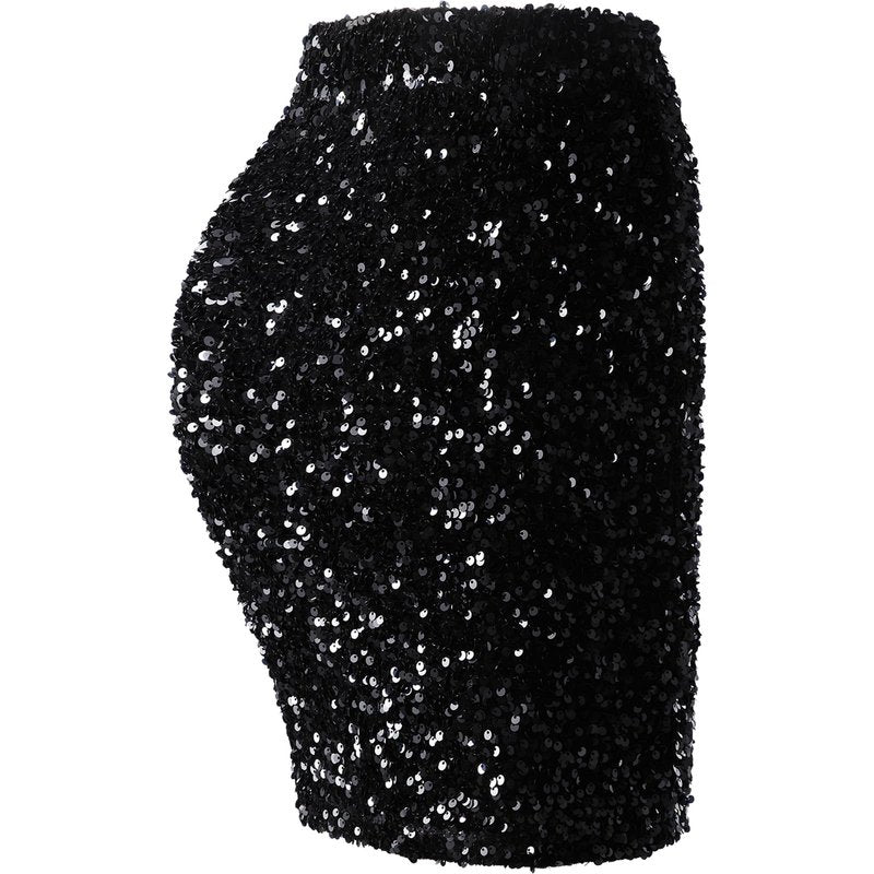 REEMONDE Women's Sequin Skirt Sparkle Stretchy Bodycon Mini Skirts Night Out Party (S, Black)