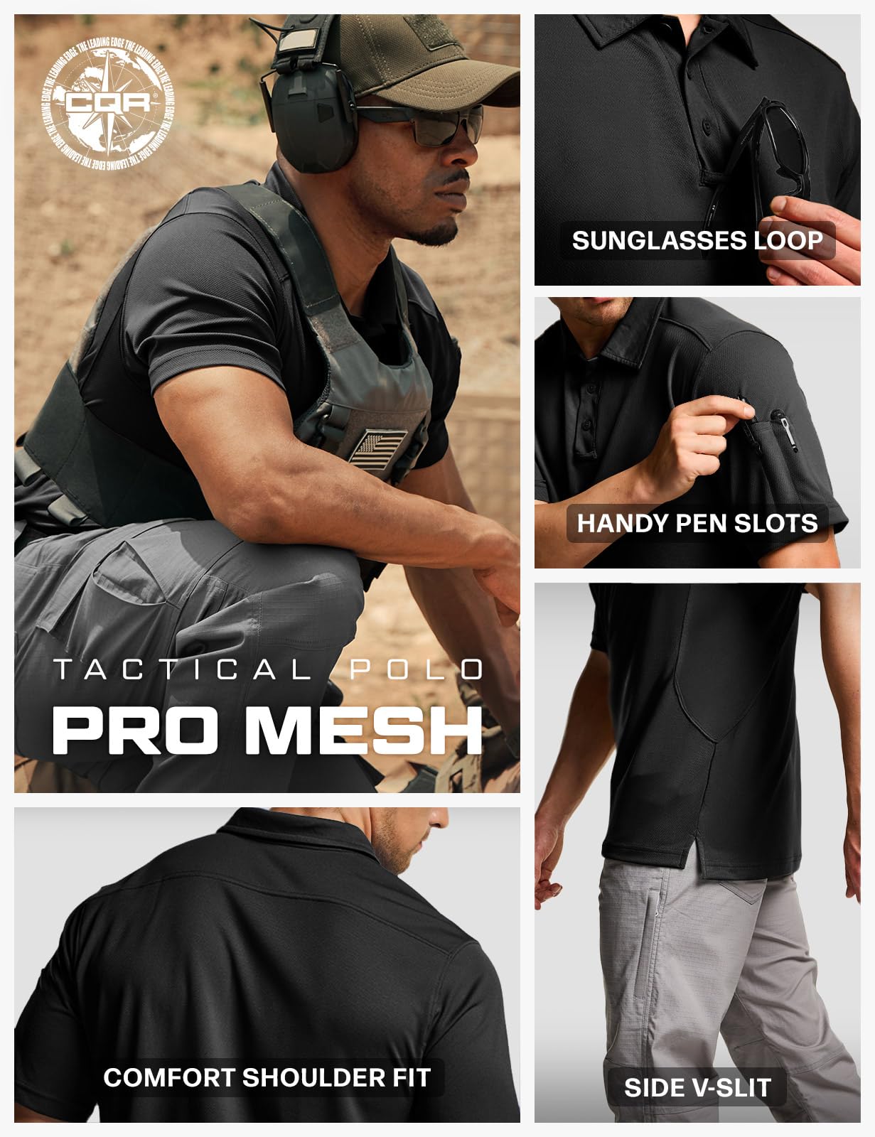 CQR Men's Quick Dry Tactical Polo Shirt, Lightweight Breathable Performance Polo, Short Sleeve UPF 50+ Outdoor Golf Shirt, Frost Essential Black, X-Large