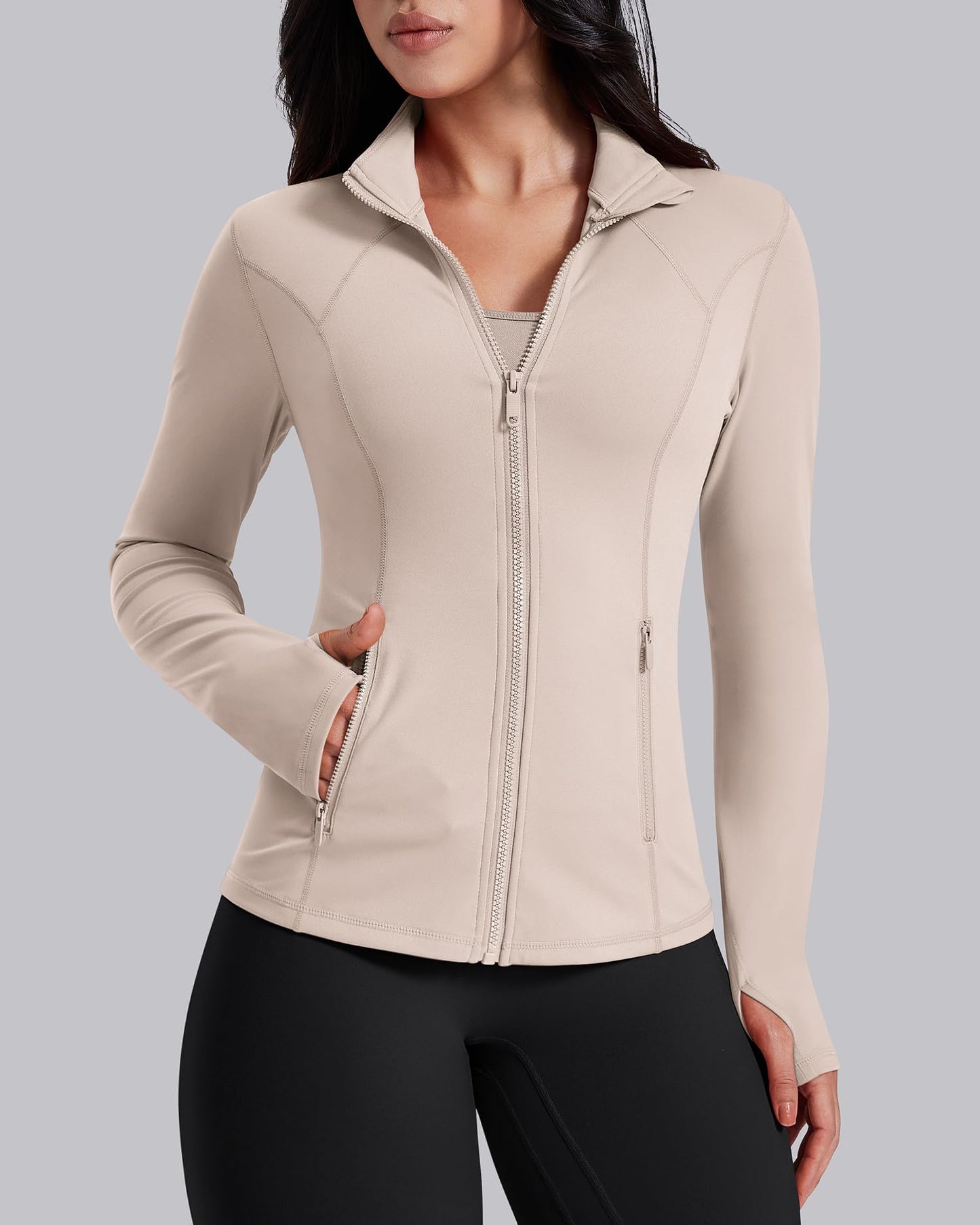 AVGO Womens Workout Jackets Lightweight Athletic Zip Up Jacket Slim Fit Running Gym Top with Pockets & Thumb Holes(Almond, S)