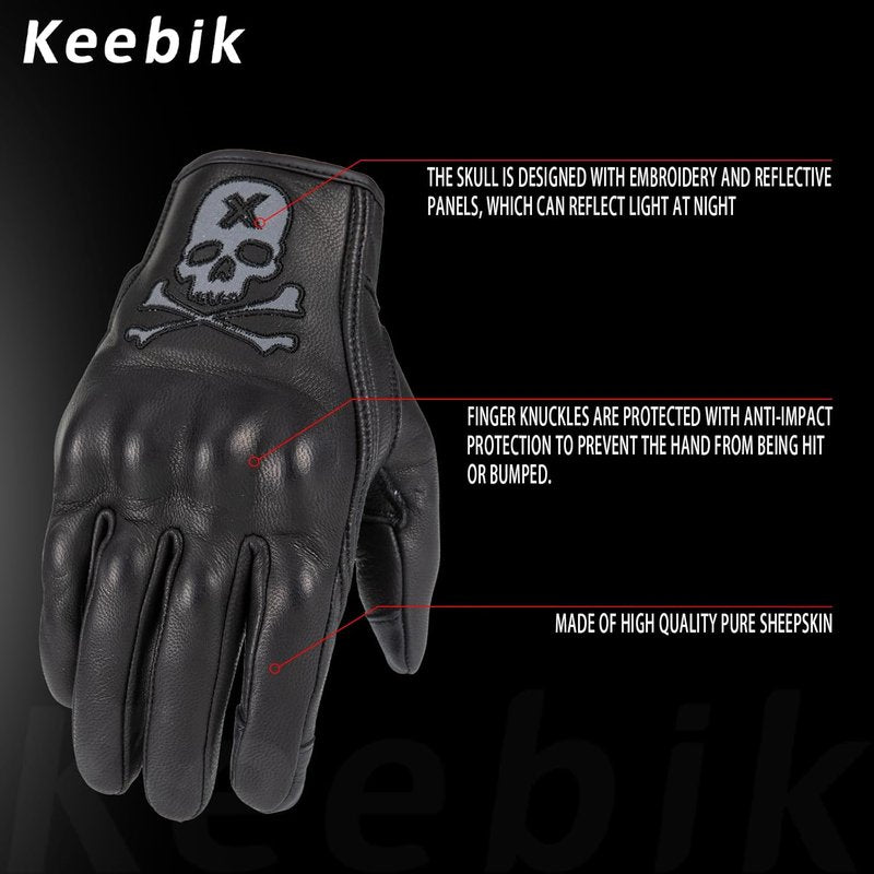 Goatskin Leather Motorcycle Racing Gloves - Reflective Skull Design, Touchscreen Compatible for Men & Women