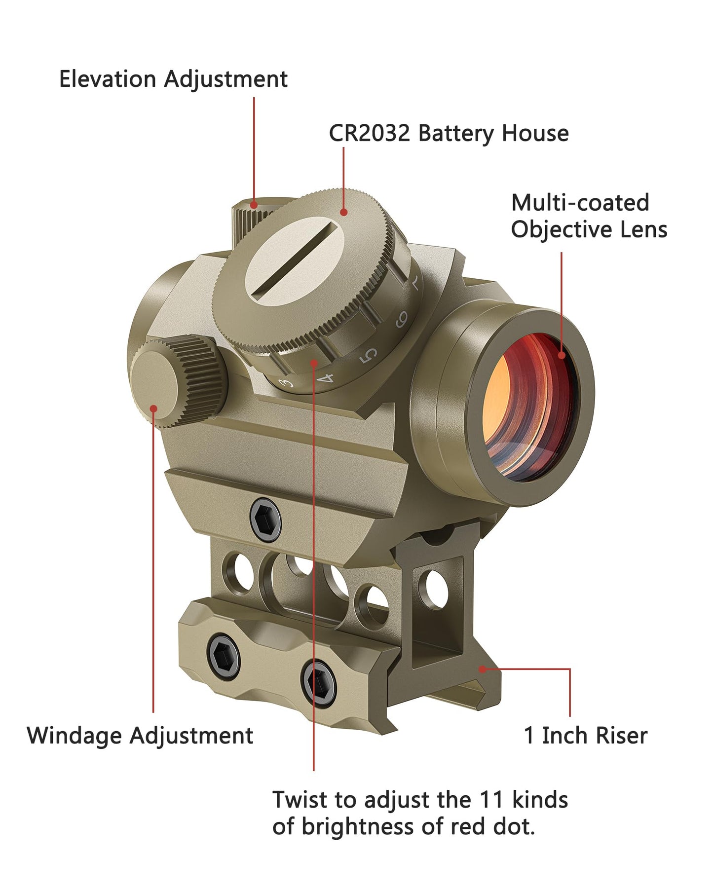 MidTen 2MOA Red Dot Sight 1x25mm Reflex Sight Waterproof & Shockproof & Fog-Proof Red Dot Scope, Riflescope with 1 inch Riser Mount,Sand