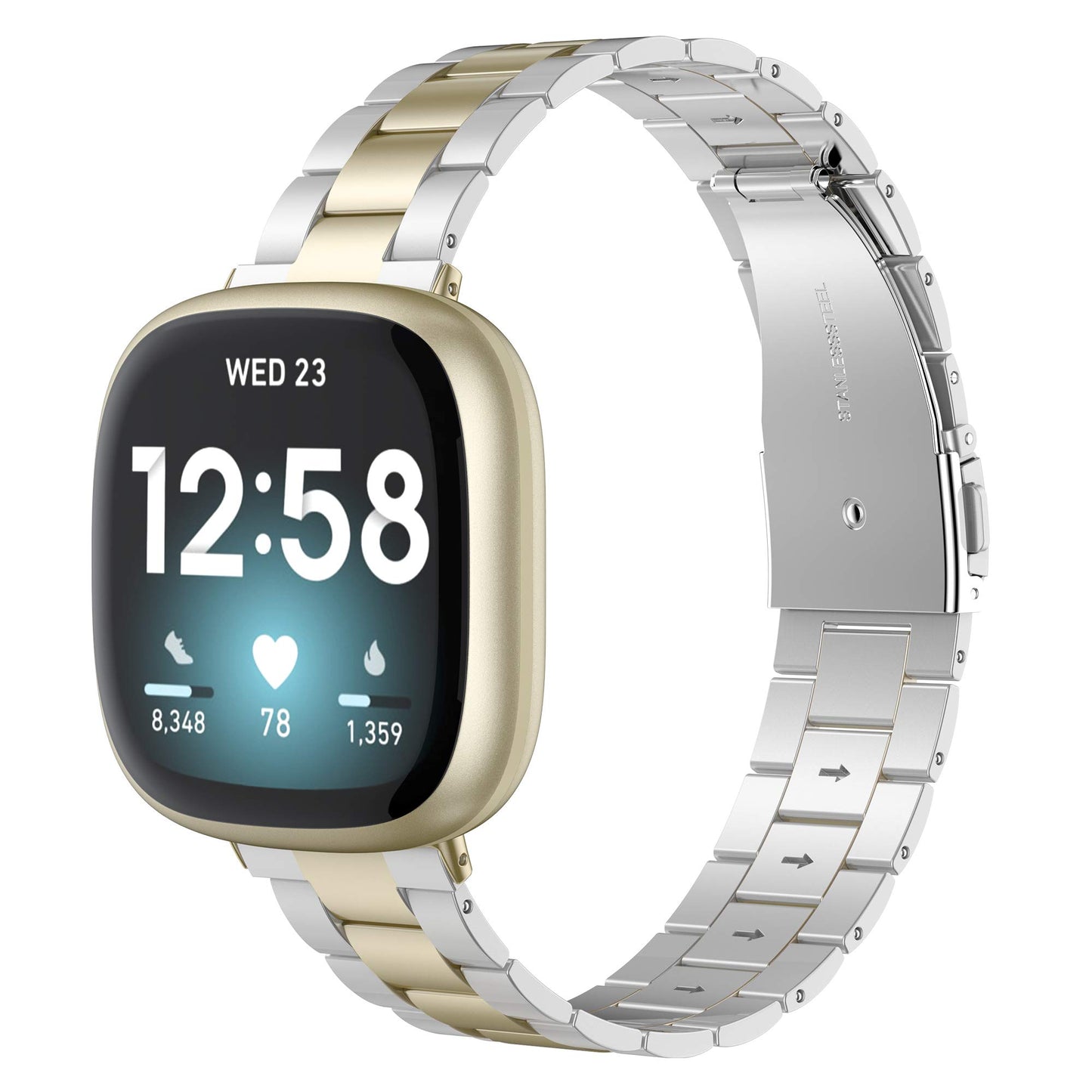 Wearlizer Compatible with Fitbit Versa 4/3 Bands/Fitbit Sense Bands for Women Men, Stainless Steel Ultra-Thin Lightweight Metal Replacement Strap for Versa 4/Sense (Soft Gold+Silver)