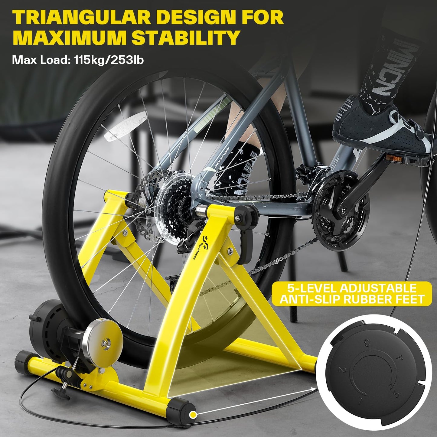 Sportneer Bike Trainer - Magnetic Indoor Cycling Trainer Stand for 26-28" & 700C Wheels, 6 Resistance Levels Stationary Bike Stand with Quick Release Lever & Front Wheel Riser Block Yellow