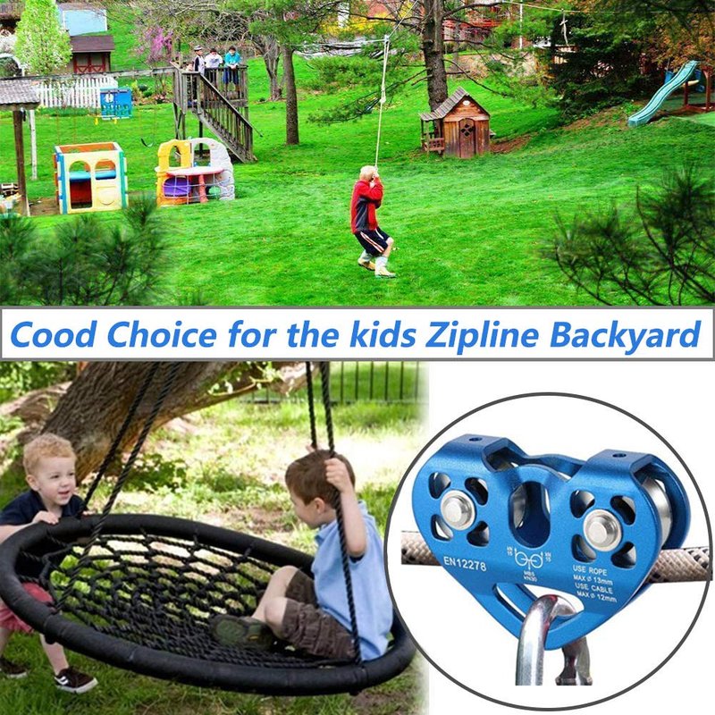 Youngneer Climbing Zip Line Pulley 30KN Double Tandem Speed Dual Trolley with 25kN Carabiner for 1/4 5/16 3/8 1/2 Cable for Zipline Climbing Rescue Pulley