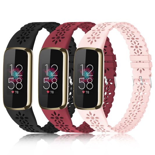 3 Pack Slim Sport Bands Compatible with Fitbit Luxe Band for Women, Soft Silicone Lace Thin Hollow-Out Replacement Wristbands Breathable Bands for Fitbit Luxe Fitness Smart Watch