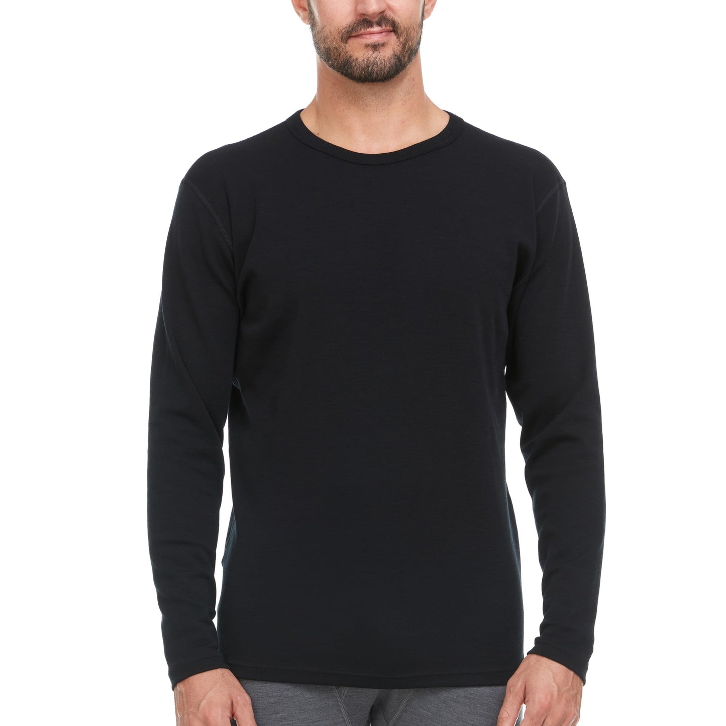 100% Merino Wool - Men's Midweight Long Sleeve Crew Shirt - Thermal Base Layer - NO Itch Renewable Fabric - Black - Medium