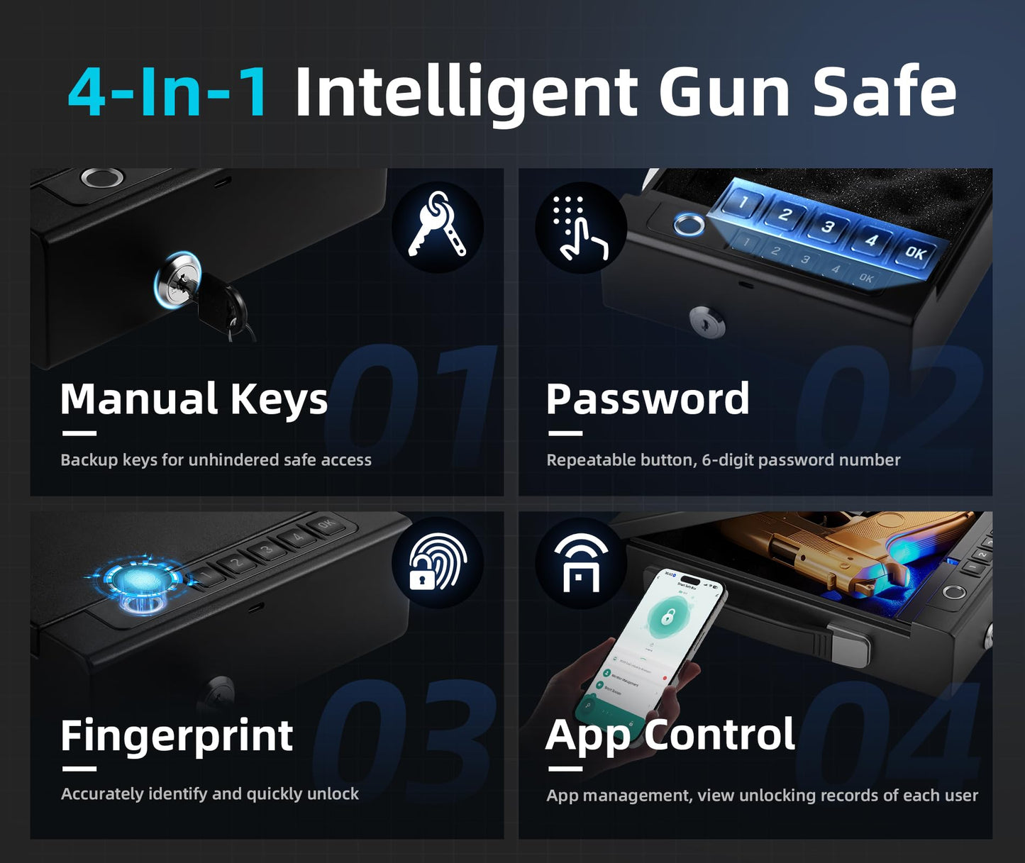Biometric Gun Safe for Handgun with Handle – 4 Unlocking Ways (APP, Fingerprint, PIN, Key) with Sound Alert – Smart Storage for Cloakroom, Living Room, Bedroom Nightstand and Car
