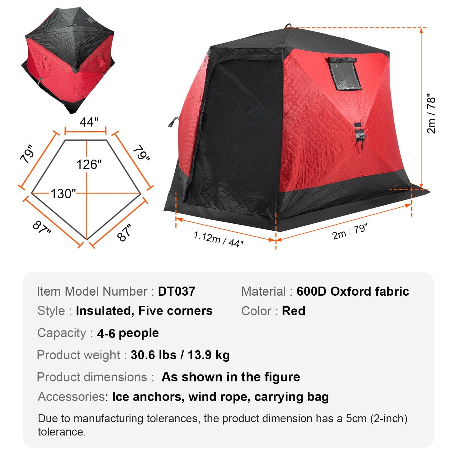 VEVOR Portable Pop-Up Fishing Tent, 24 sq ft Ice Shelter - Hub-Style for Winter Fishing - Waterproof Oxford Shanty with Anchors/Ropes/Bag, 60" x60