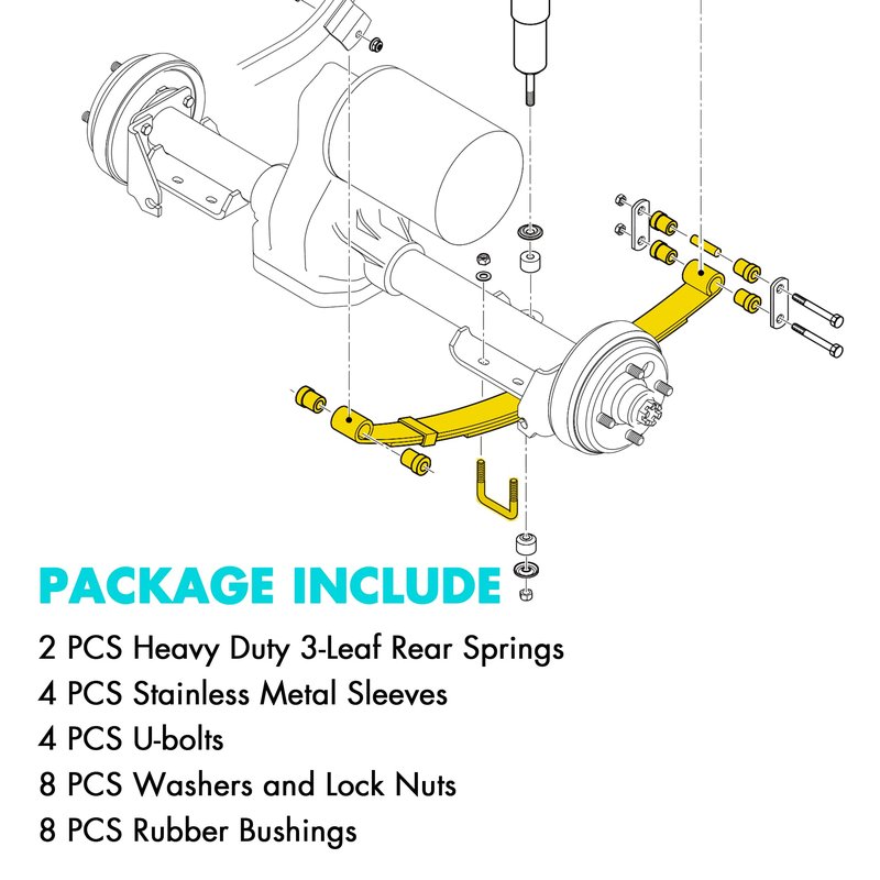 10L0L Golf Cart Heavy Duty 3 Leaf Spring Kit for EZGO TXT Medalist 1995-2013, Complete Set with Bushings, Sleeves & U-Bolts, Replaces 70506-G01, 74135-G01, 74207-G01, 74207-G03 (2-Pack Springs)