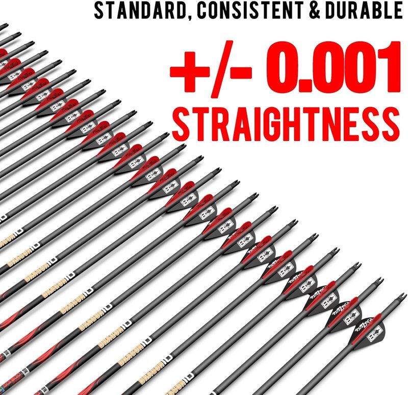 100% Pure Carbon Hunting Arrows - Olympic-Grade 10 Spine Deflection | Straightness 0.001"/0.003"/0.006" | Ideal for Compound & Recurve Bows (12/24PCS)