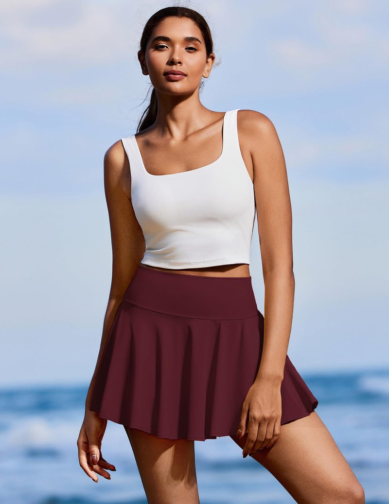 PINSPARK Tennis Skirts for Women High Waisted Athletic Golf Skorts with Pockets Shorts Quick Dry Pickleball Skirt, Red Merlot Medium