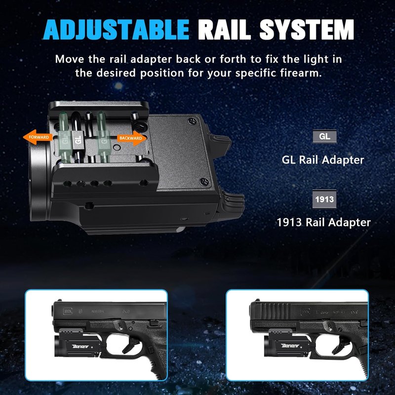 1000 Lumens Green Beam Pistol Light - Compact Tactical Flashlight with Strobe & USB Rechargeable Aluminum | Adjustable Picatinny Rail
