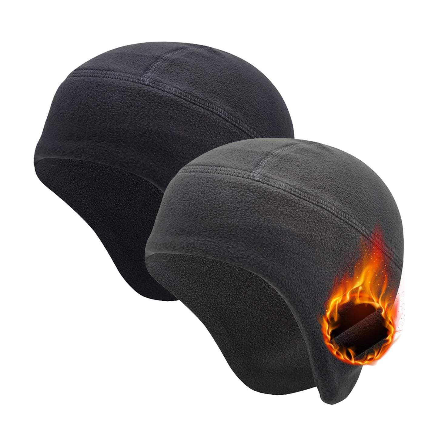 Skull Cap for Winter 2 Pack Men Women Bike Hat Helmet Liner Fleece Thermal Cap Work Athletic Fit Black & Gray