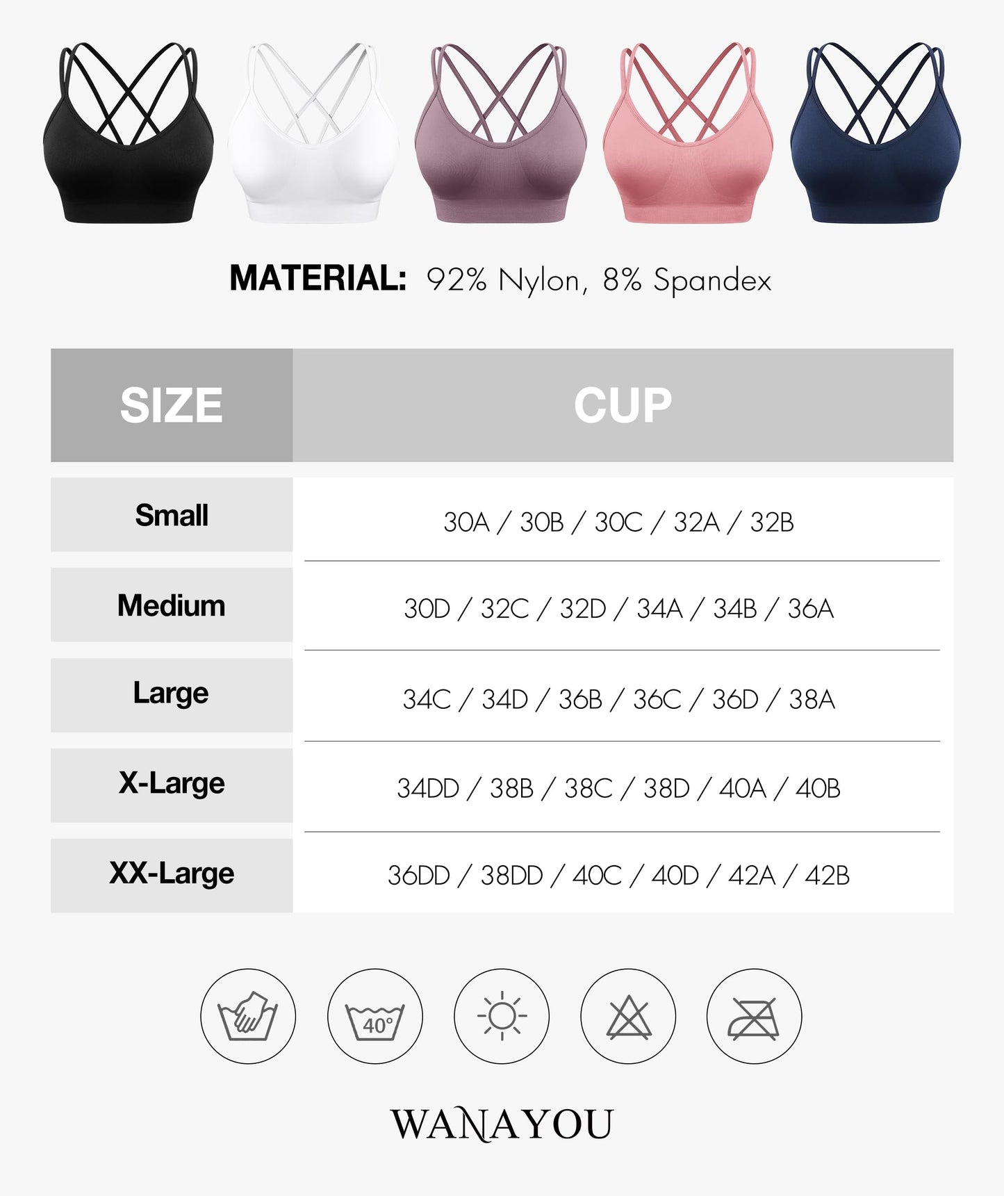 WANAYOU Sports Bras for Women, Cross Back Strappy Medium Impact Sports Bras Padded Wireless Seamless Spaghetti Strap Workout Bra for Athletic Exercise Fitness 3 Pack Black White Navy Blue Large