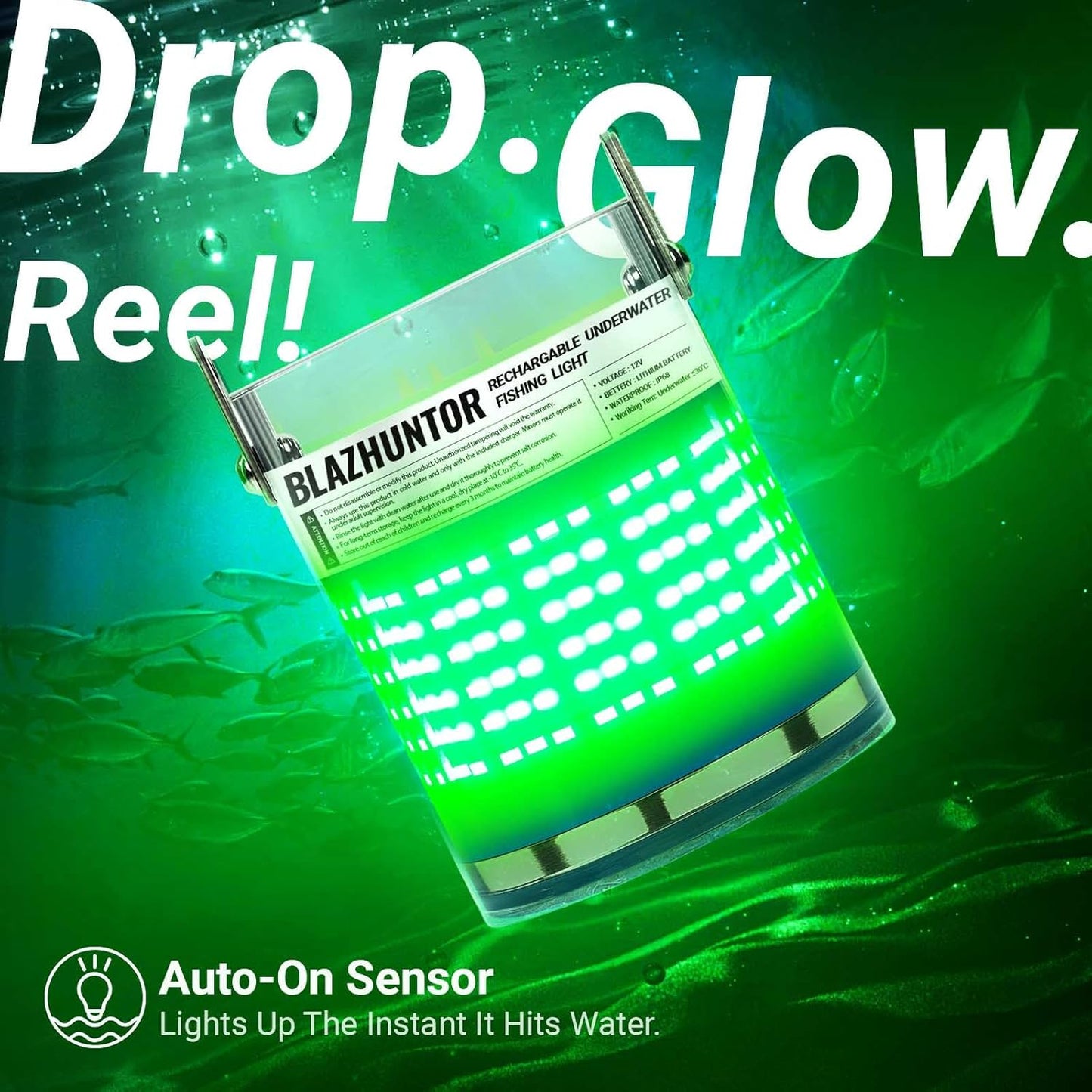 Rechargeable Underwater Fishing Light - Auto On in Water, 16000lm Brightness | IP68 Waterproof, Cordless for Night Fishing