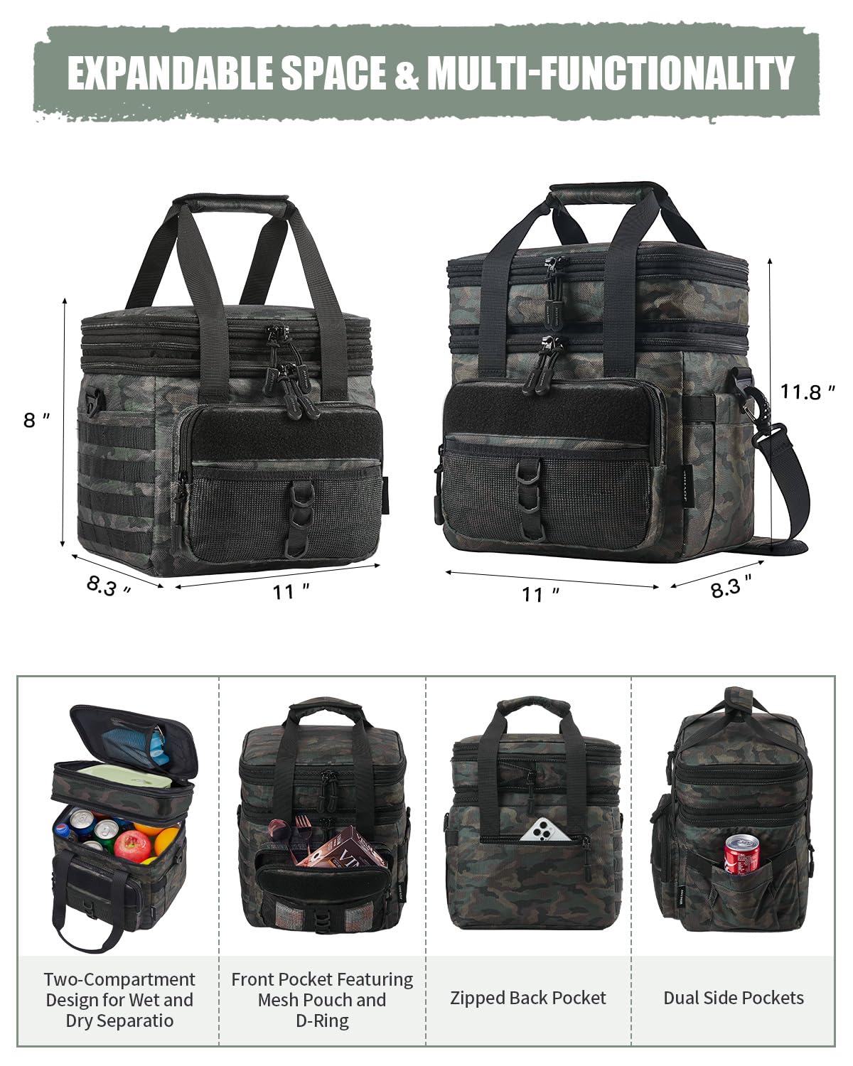 JOYHILL Lunch Box for Men 18L Large Expandable Double Deck Lunch Bag 24 Can