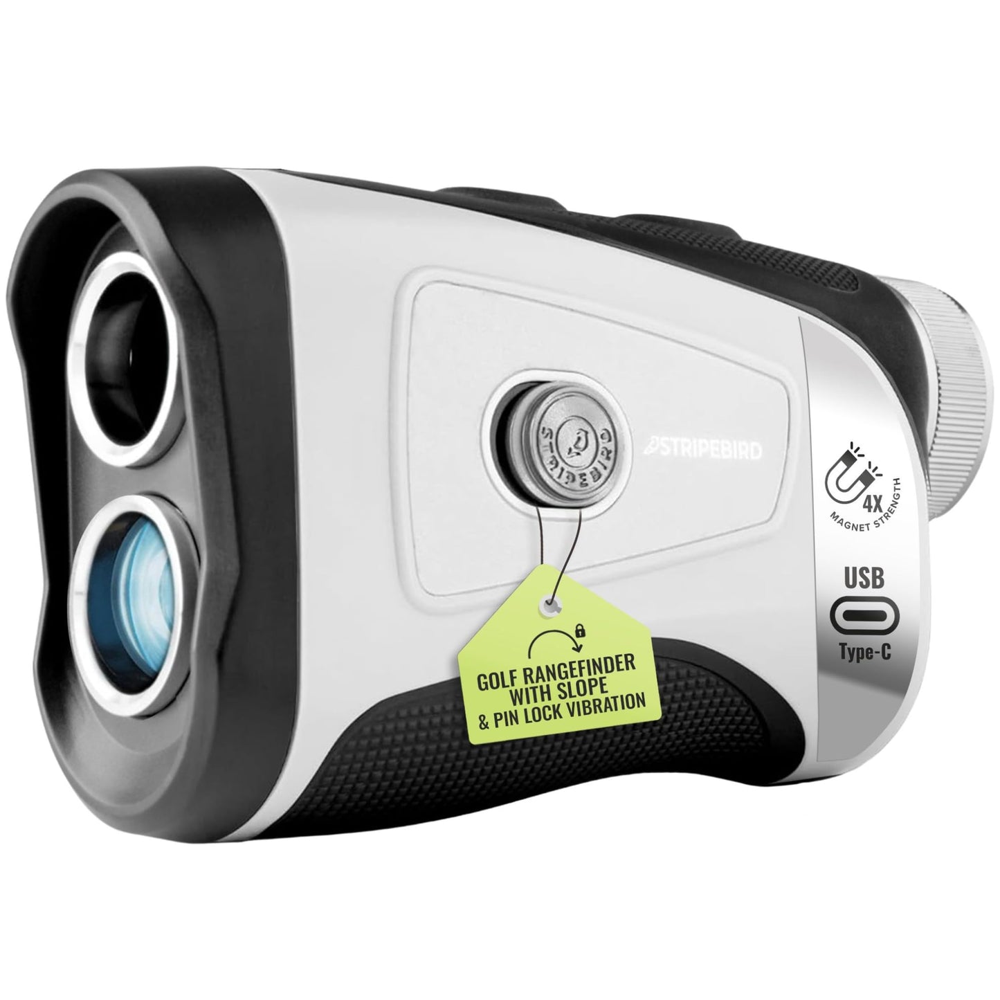 Stripebird - Pro Tour Golf Rangefinder with Slope (Black/White) - Range Finder Golf with Ultra-Strength Magnet - Laser Rangefinder with Slope Technology & Flag Pole Lock Vibration - Golf Range Finder