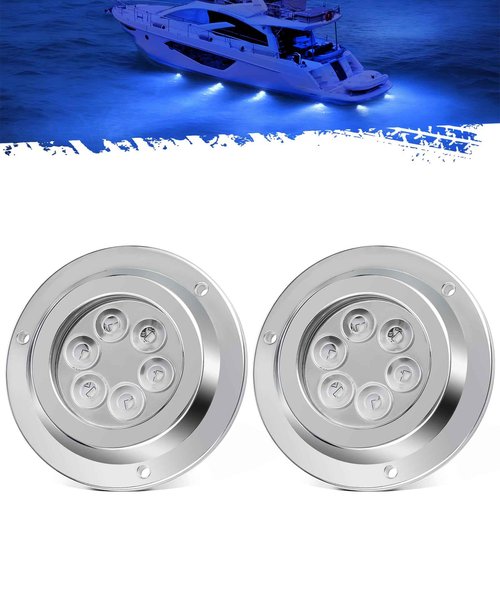 Partsam 2Pcs Blue 6LED Round Underwater Boat Lights, Transom Light for Yachts Boats Sailboat Pontoon, IP68 Waterproof, Stainless Steel housing, Surface Mount, 12V