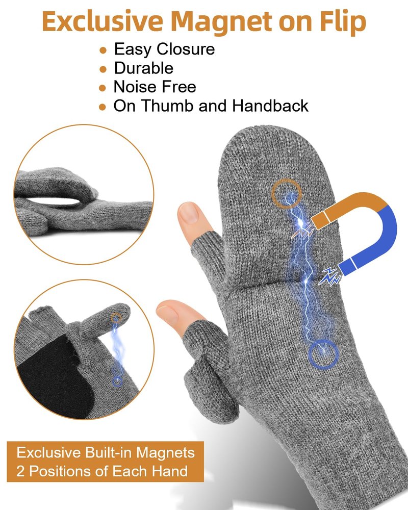 BERGWEISER Flip Winter Gloves, Convertible Fingerless Gloves for Men Women, Mittens with Flip Thumbtop & Magnetic Button Closure Gifts Grey M/L