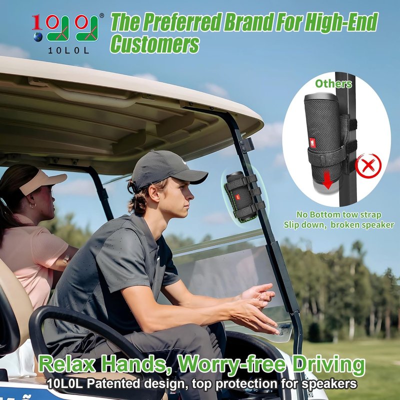 10L0L Golf Cart Speaker Mount, Adjustable Strap Bluetooth Wireless Speaker Holder for Yamaha, EZGO, Club Car Carts and Bike ATV, Anti-Slip Secure Rail Mount
