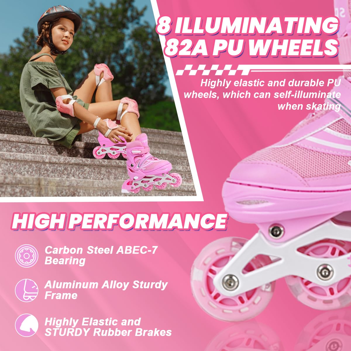 Pink Children Inline Skates for Girls Boys Adjustable 4 Size with Full Wheels Illuminating, Girls Blades Roller Skates for Kids Outdoor Small Size