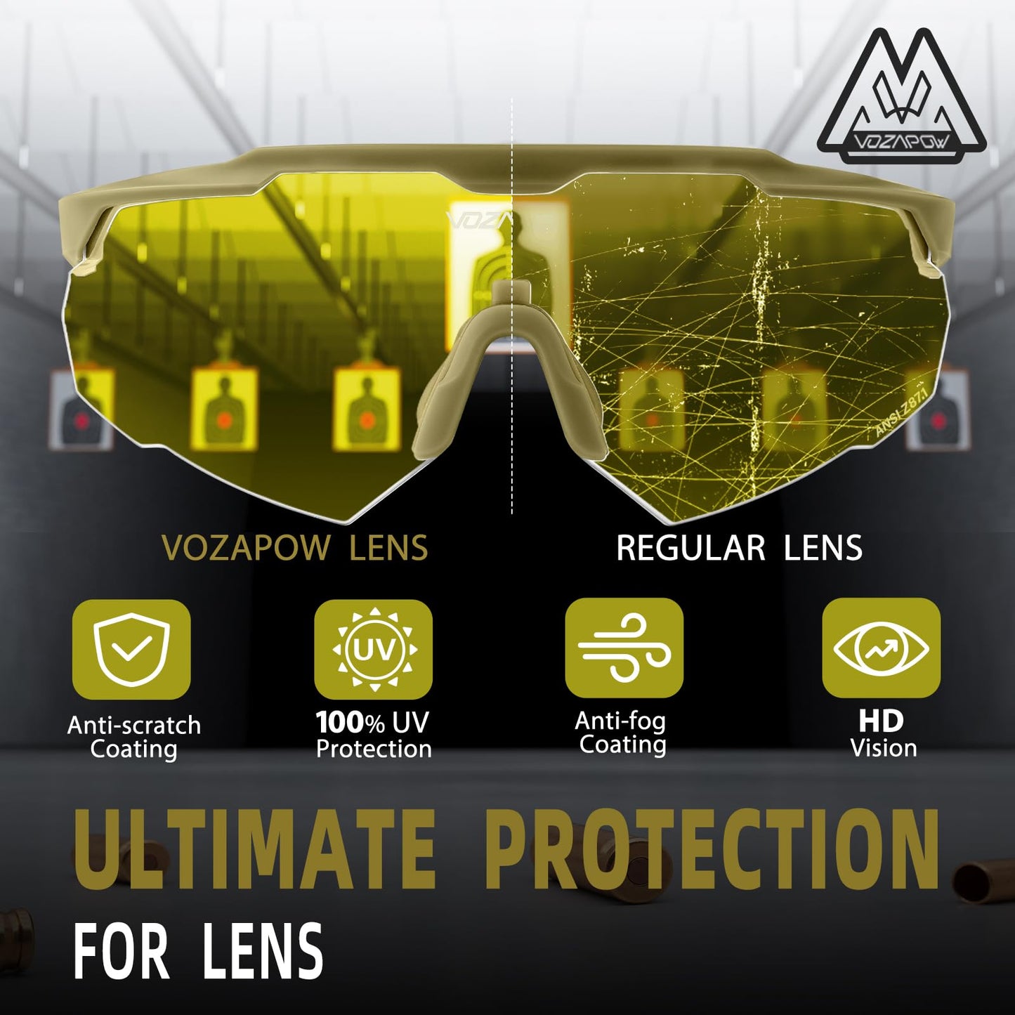 VOZAPOW Shooting Glasses Anti Fog with High Definition Lenses, ANSI Z87+ Certified Tactical Safety Glasses for Men Women