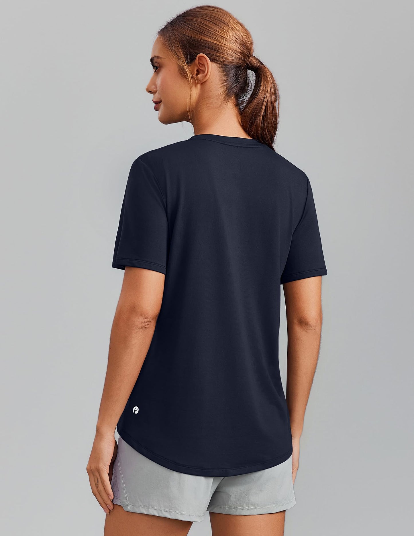 PINSPARK Athletic Tops for Women Short Sleeve V Neck Workout Shirts Moisture Wicking Quick Dry Running Gym T-Shirts Lightweight,Dark Navy Large