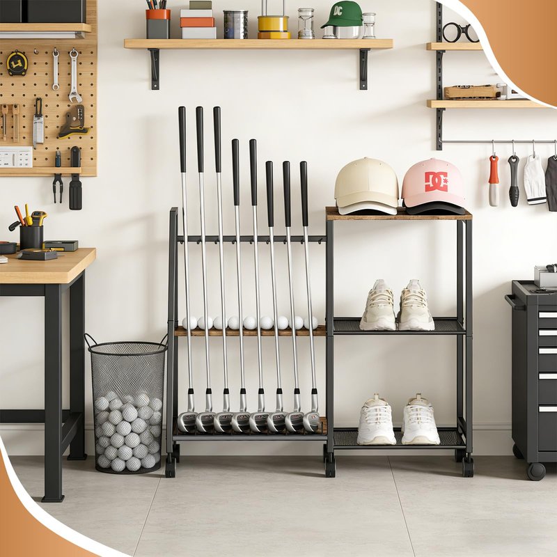 DEMEGA Golf Club Rack with Wheels, 2-in-1 Golf Organizer & Storage for Golf Clubs, Balls, Shoes, Hats, Sturdy Walnut Wood & Matte Black Iron Modern Golf Stand for Home Garage Office