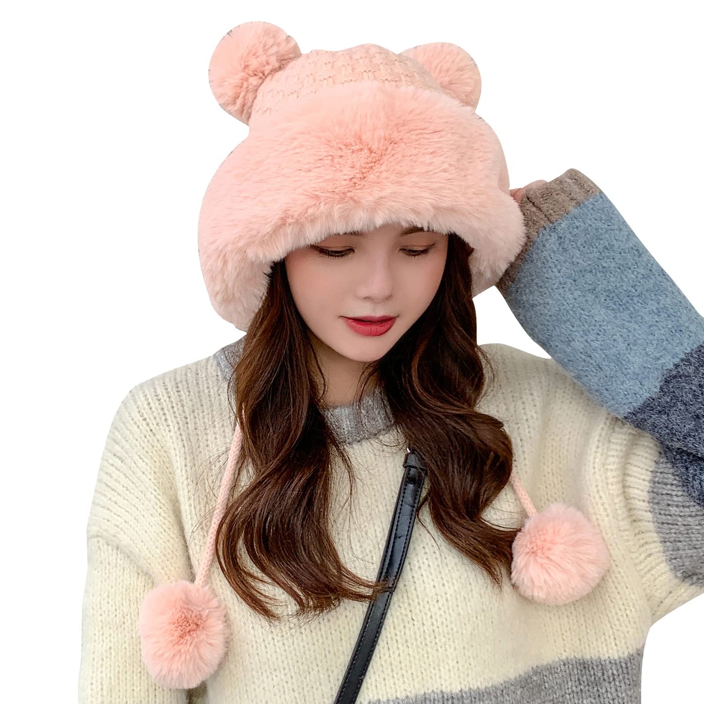 Peicees Winter Beanie Hats for Women Warm Knit Skull Cap Fur Hat with Pompom Russian Ushanka Trapper Hat Ear Cover Pink