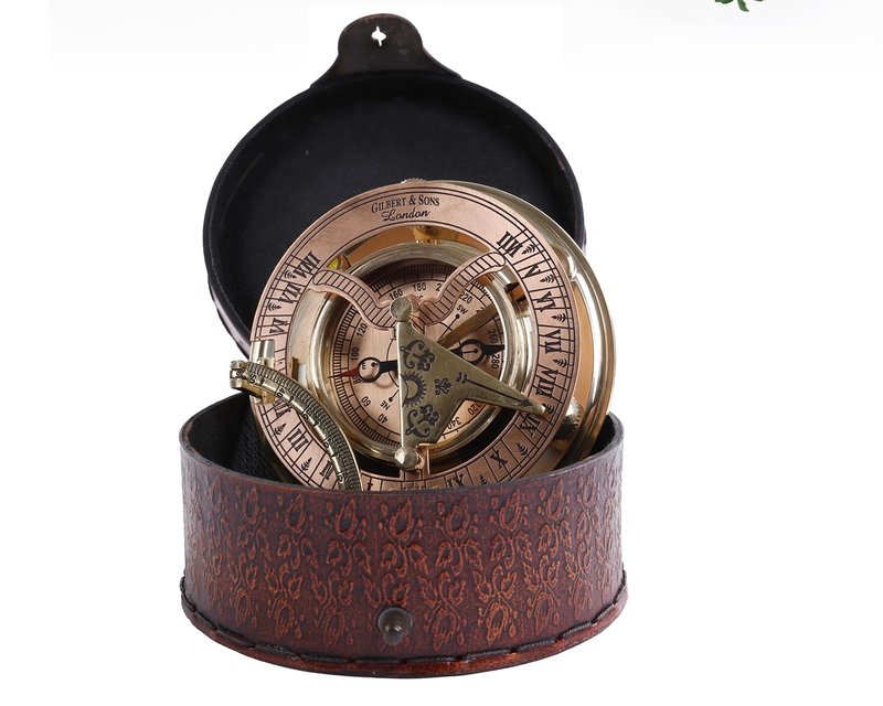 Brass Sundial Compass in Leather Case – Unique Nautical Gifts for Men, Antique Sailing Anniversary Gadget, Maritime Pocket Watch Clock, Nautical Decor for Him