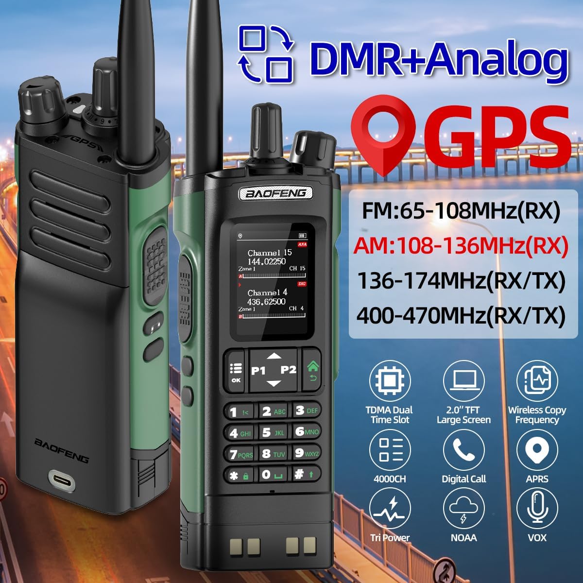 BAOFENG DM32 DMR Radio | Handheld Walkie Talkie with GPS & NOAA Weather | Long Range, 2500mAh Battery, USB-C Charging