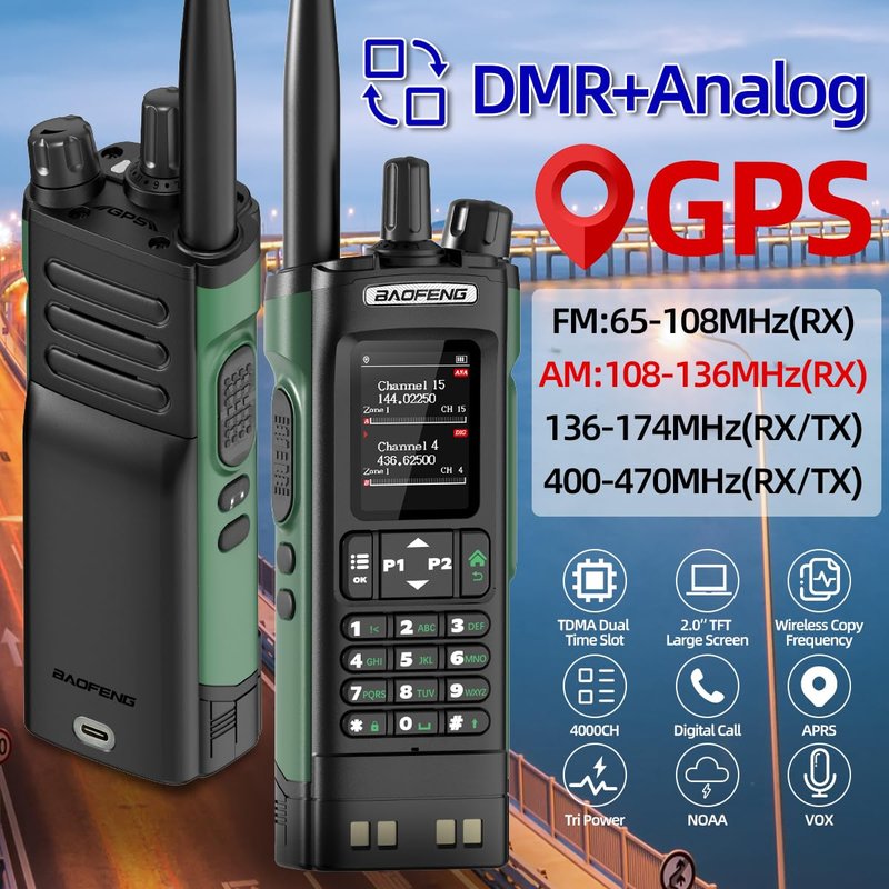 Ham Radio Baofeng DM32 DMR Radio Handheld Rechargeable Walkie Talkies Long Range DM32UV Two Way Radio NOAA Weather Radio with GPS, Copy Frequency 2500mAh Battery USB-C Charging With Radio Holster