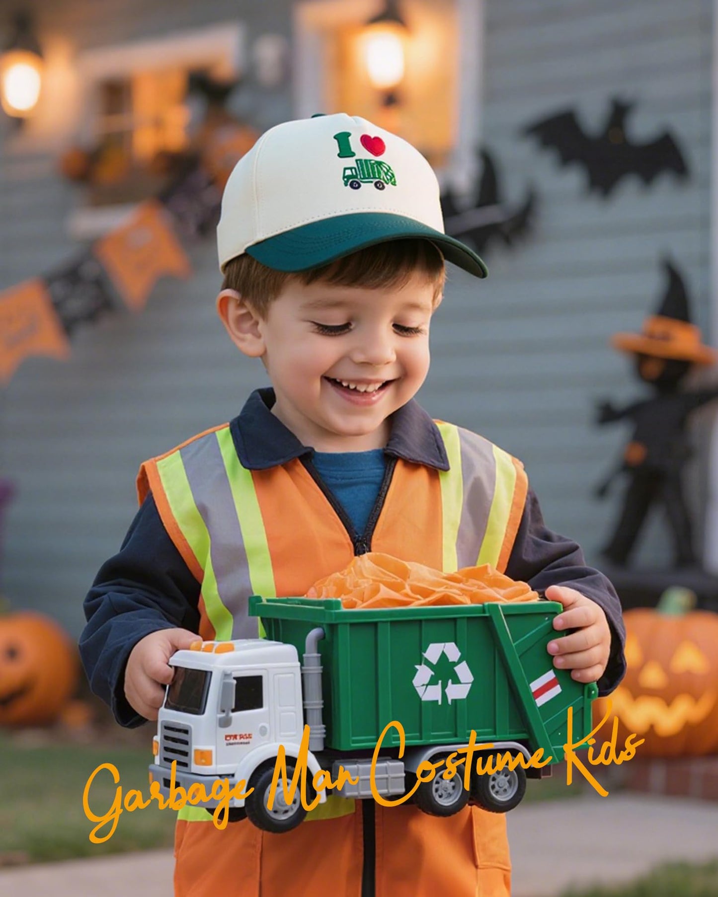 Waldeal Toddler Trucker Hats for Boys and Girls, Halloween Garbage Truck Mesh Snapback Baseball Cap for Kids Ages 2-6 Green