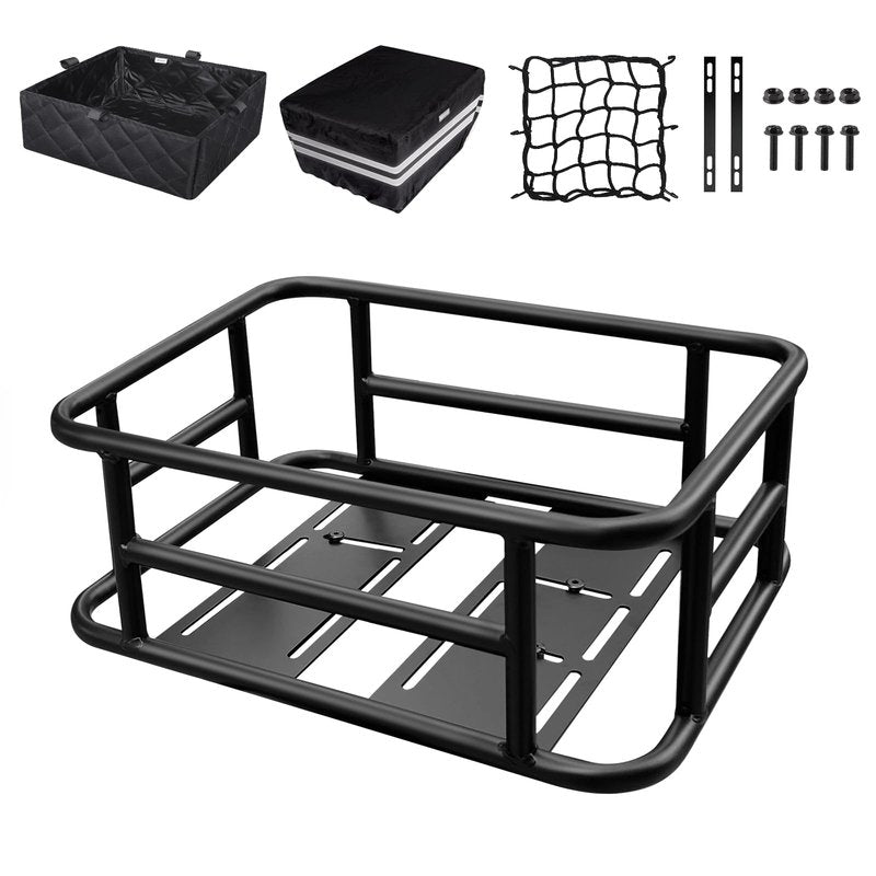 RAYMACE Bike Basket Rear Rack with Cargo Net, Liner and Waterproof Cover,Heavy Duty Bicycle Basket Perfect for Electric Bike