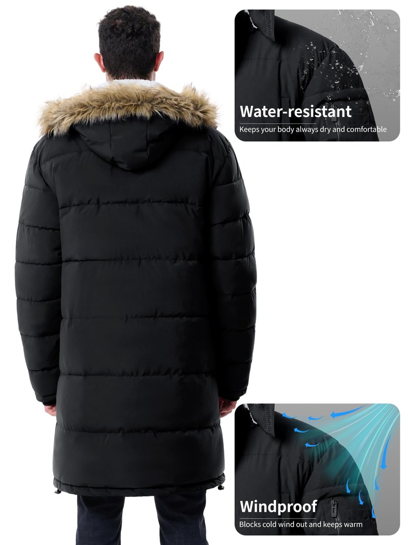 JAWERU Men's Extra Long Fleece Puffer Jacket Outerwear Winter Coats Hooded Parka Warm Water-resistant Cold Weather Black 2XL