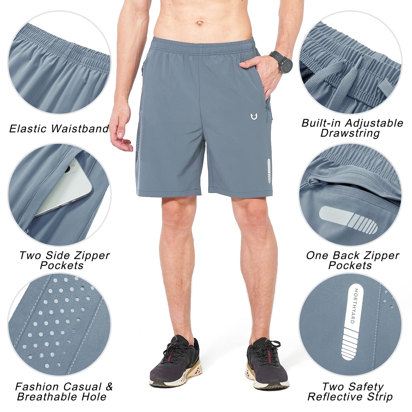 NORTHYARD Men's Athletic Running Shorts Gym Workout 7"/9"/5" Quick Dry Lightweight Sports Basketball Tennis 3 Zipper Pockets CLOUDGREY M