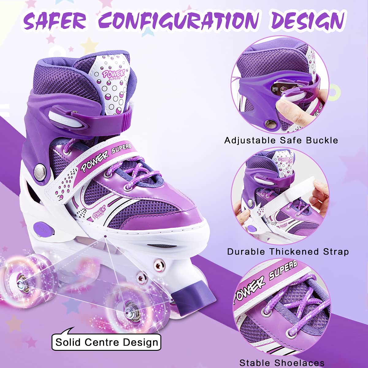 Kids Roller Skates, 4 Sizes Adjustable Beginners Boys Girls Roller Skates with Light up Wheels, High Standard Comfortable & Breathable Sports Indoor Outdoor Roller Skate Shoes (Purple-M)