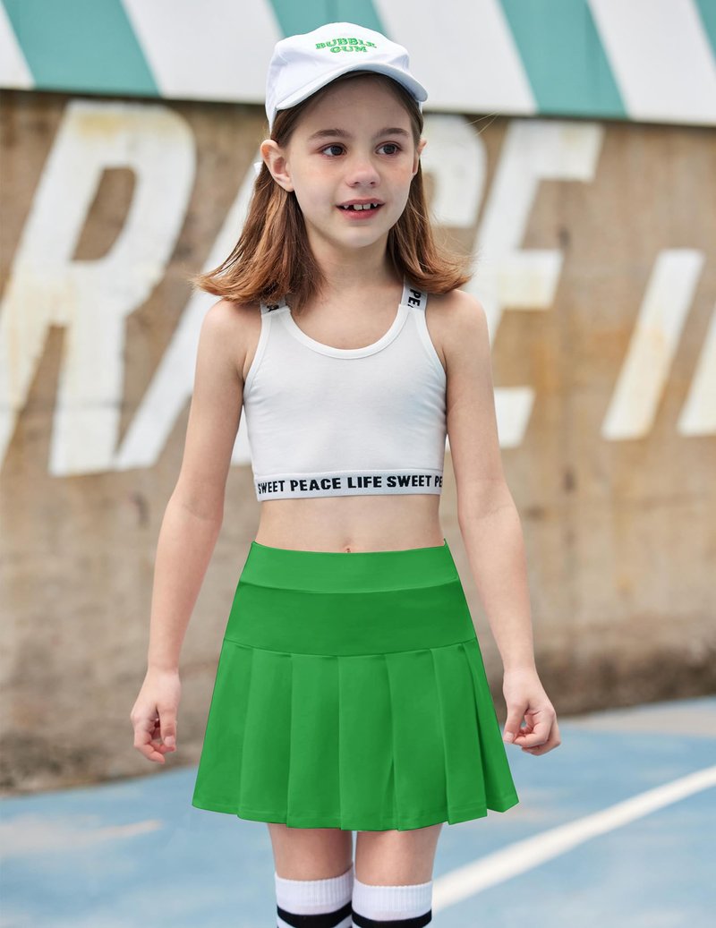 Arshiner Girl's Tennis Skirts with Shorts Athletic Pleated Skirt Workout Performance Skorts with Pockets for Kids 4-13Y Green