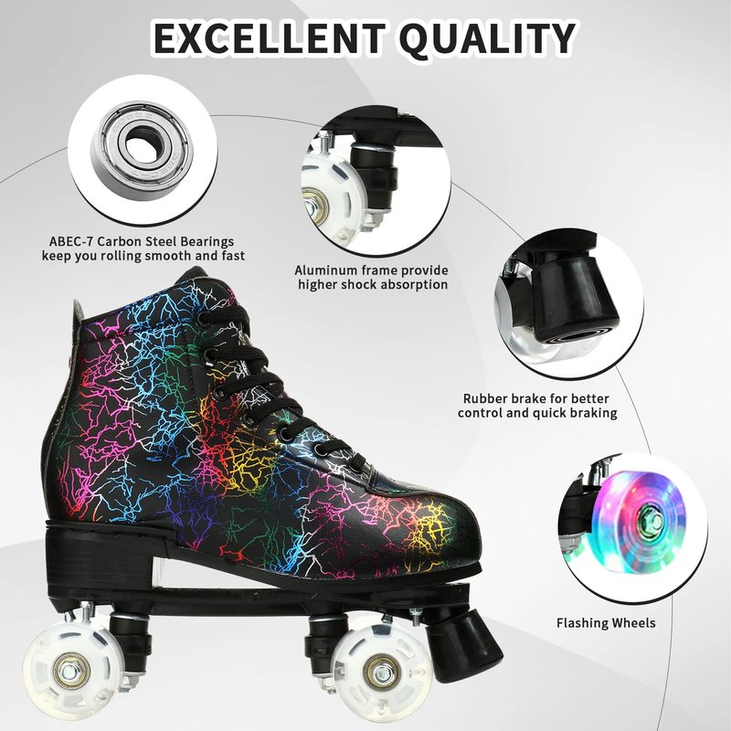 Women's Roller Skates Light Up Wheels, Leather Adjustable Double Row Rolling Skating Illuminating Derby Skate Illuminating for Teens and Youth (Lightning Black Flash Wheel,41)