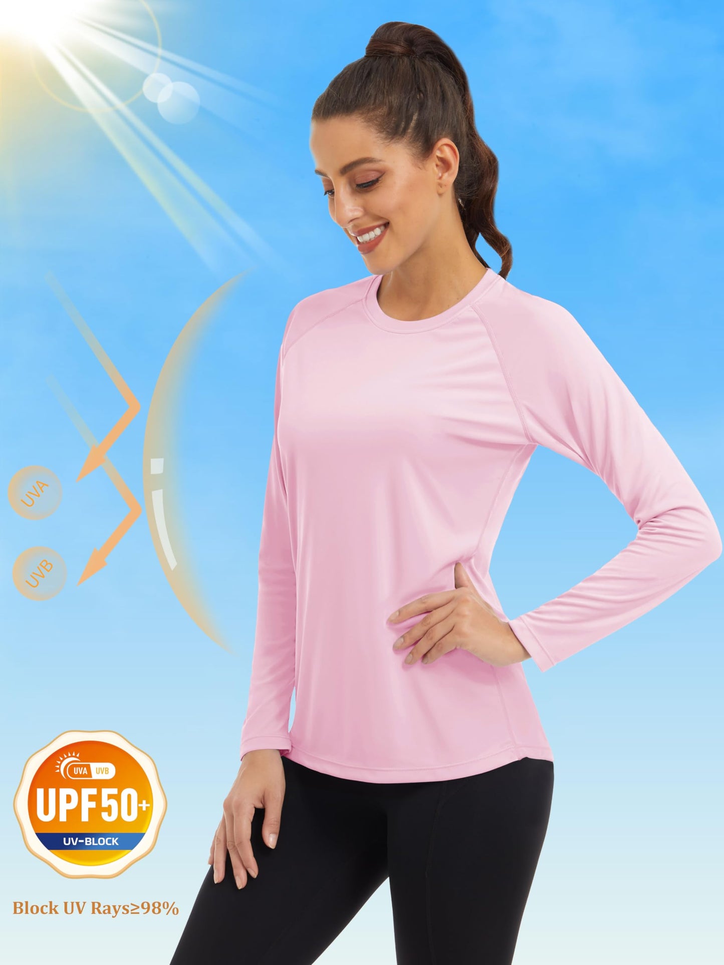 MAGCOMSEN Hiking Shirts for Women SPF Swim Shirts for Women Long Sleeve Shirts Running Shirts for Women UV Protection Fishing Shirts Womens Rashguard Light Pink