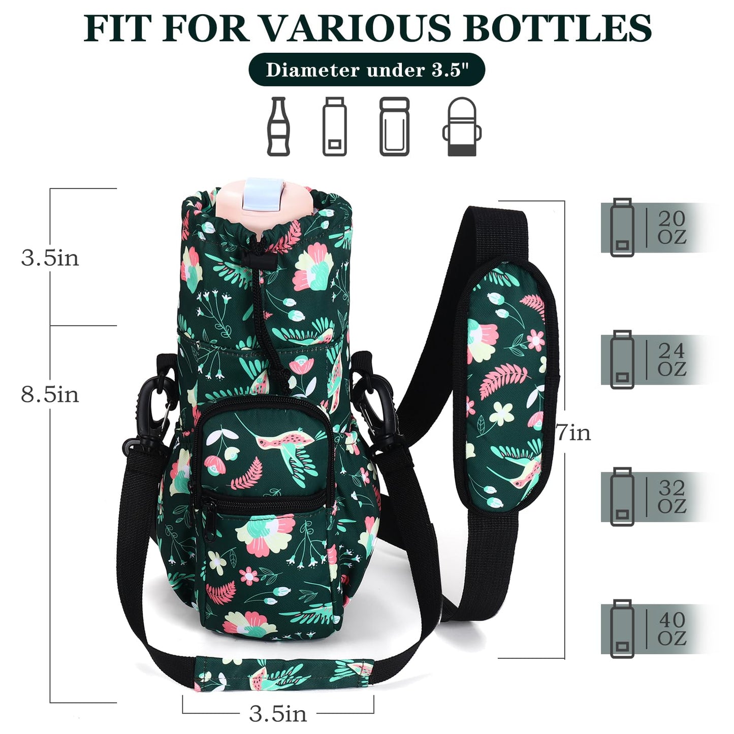 FCQQYWZ Water Bottle Holder with Strap, 32/40oz Water Bottle Bag Crossbody Insulation Water Bottle Holder with Adjustable Shoulder Strap, 4 Pockets for Walking,Camping,Hikingand Fishing (Green)