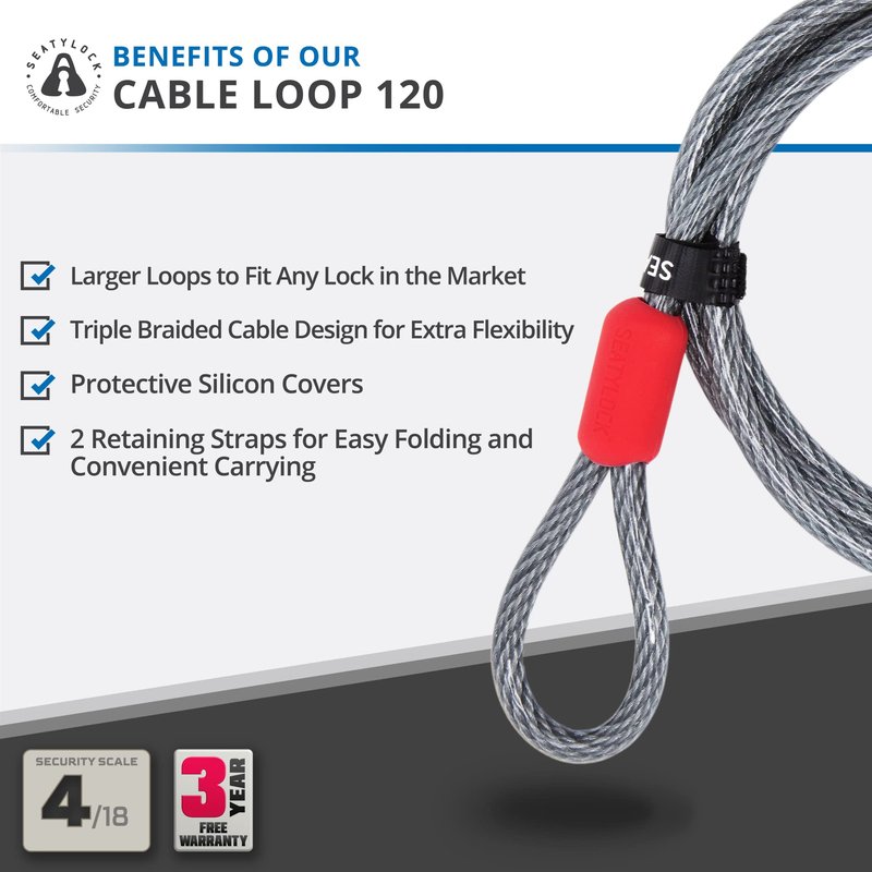 SeatyLock Bike Cable Lock - Anti Theft Triple Braided Steel Cable with Loops for Bike Security - Universal Fit Flexible Large Locking Cables for Bicycle U Chain or Folding Lock - 47.2"