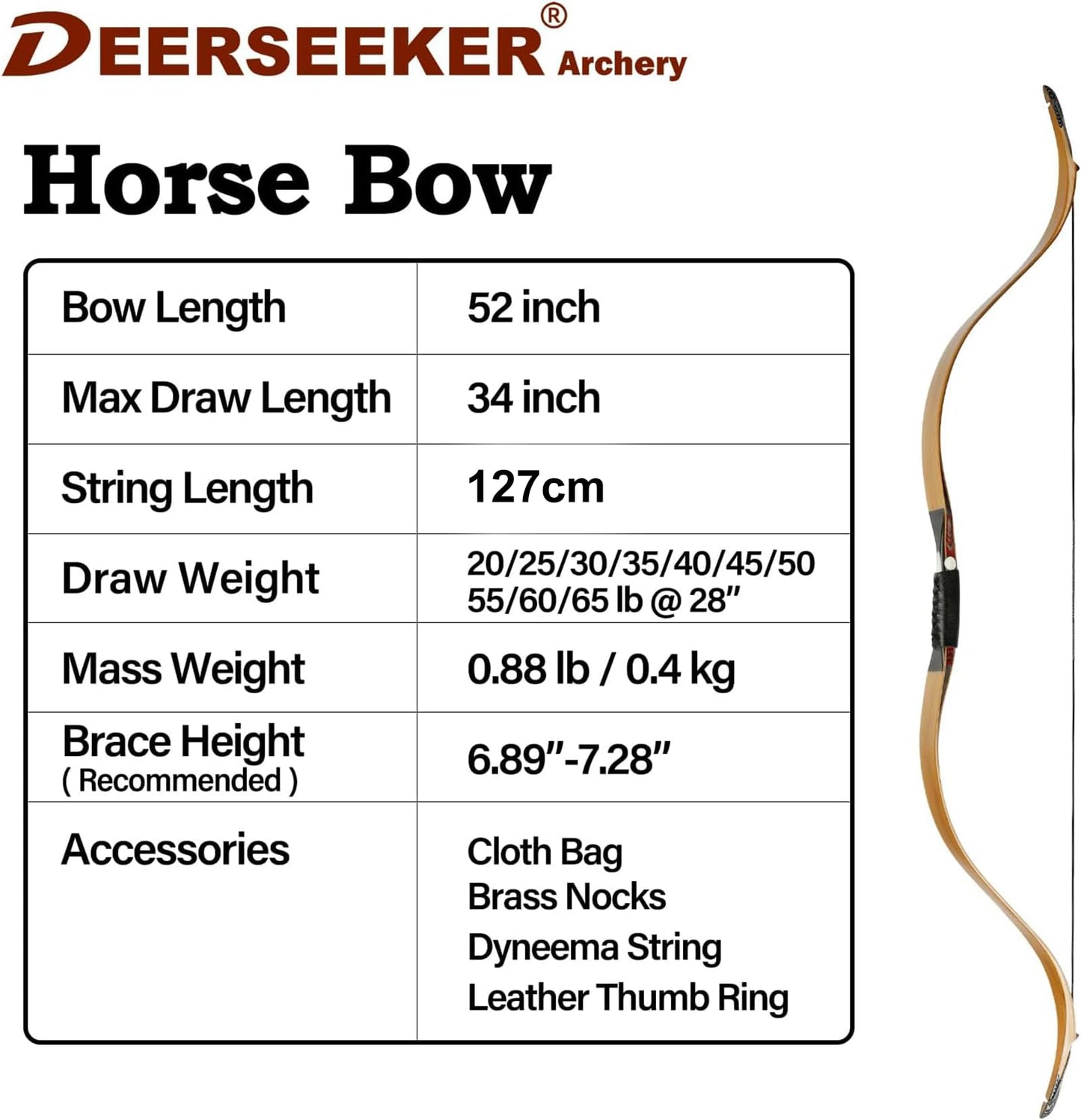 Deerseeker Archery 52" Longbow Traditional Handmade Recurve Bows Ambidextrous Horsebow Set for Adults & Youth Hunting Target Shooting (horsebow Set 25lbs)