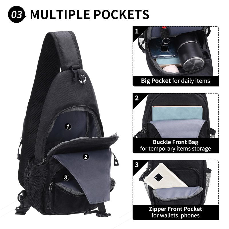 SUIKIHUM Small Sling Bag, Water Resistant 11 Inch Crossbody Chest Bags Oxford Daypack Backpack with Headphone Jack with Anti-theft Pocket for Men Women (Black)