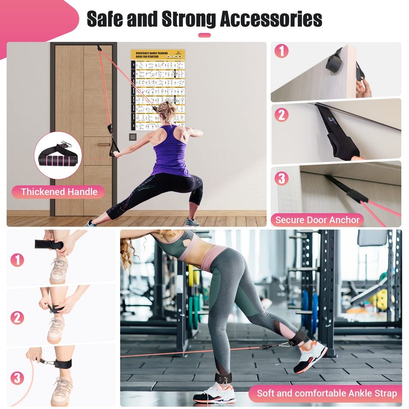 Resistance Bands with Handles for Women, 5 Level Exercise Bands Workout Bands for Physical Therapy, Yoga, Pilates, Door Anchor, Storage Pouch(Pink)