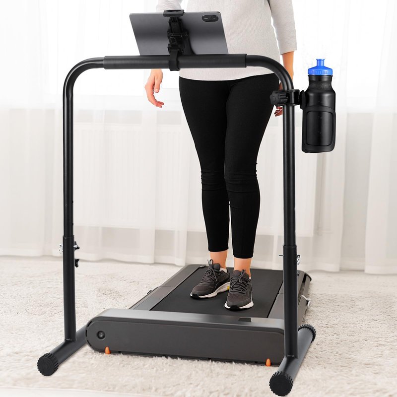 Leinuosen 24.4 Inch Walking Pad Handle Bar Attachment Only with Phone and Cup Holder Adjustable Treadmill Handrail Height from 30.7 to 39.37 Inch Comfortable Grip Stainless Steel Frame Overbold Stable