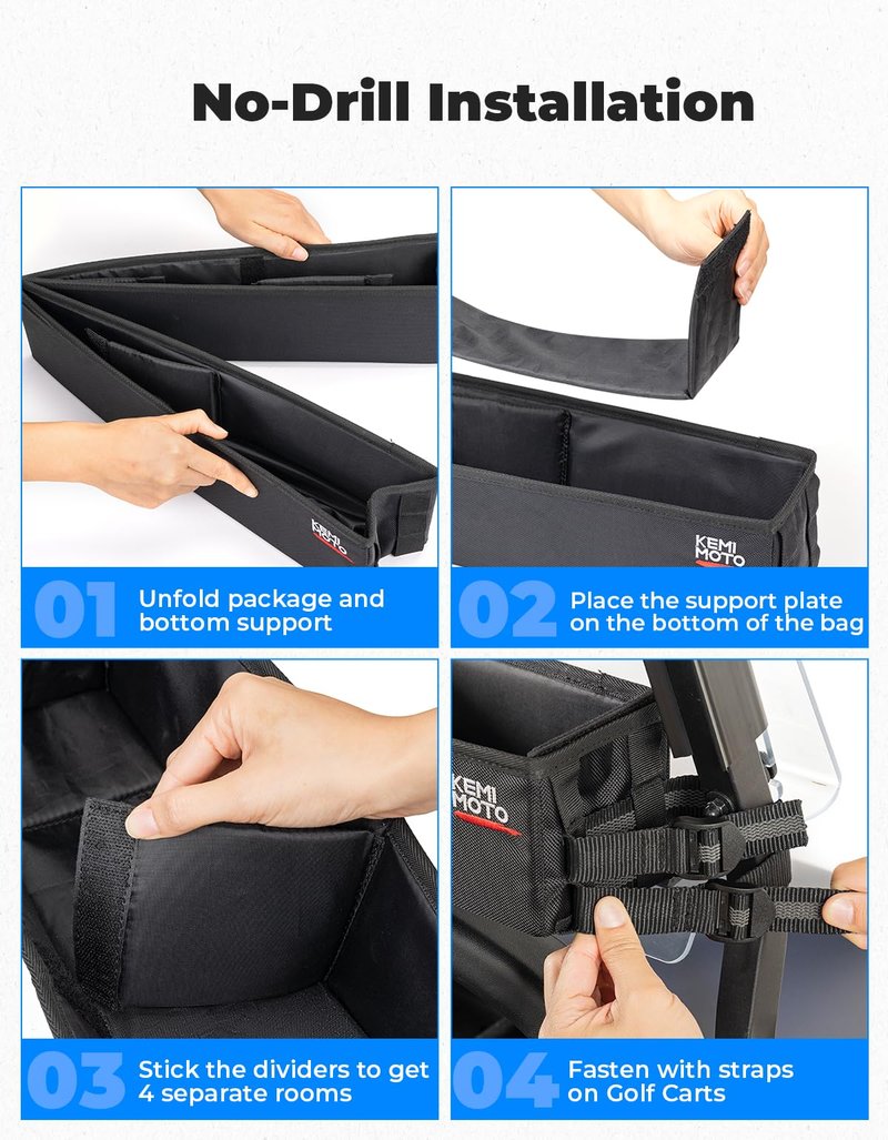 KEMIMOTO Golf Cart Inner Front Storage Basket No Drilling Golf Cart Organizer Foldable Universal Compatible with EZGO Drive Club Car Kandi Electric Golf Carts, 1680D Golf Cart Caddy Organizer, Black