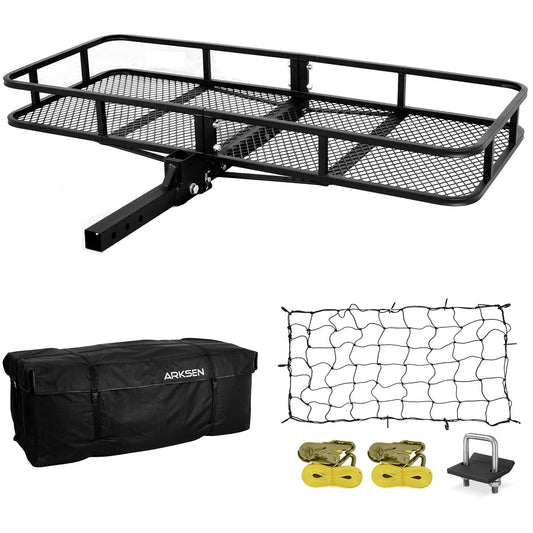 ARKSEN 60 x 25 x 6 Inch Folding Cargo Rack Carrier with Cargo Bag & Net, Stabilizer & 2 Straps 500 Lbs Heavy Duty Capacity 2 Inch Receiver Luggage Basket Hitch Fold Up for SUV Pickup Camping Traveling