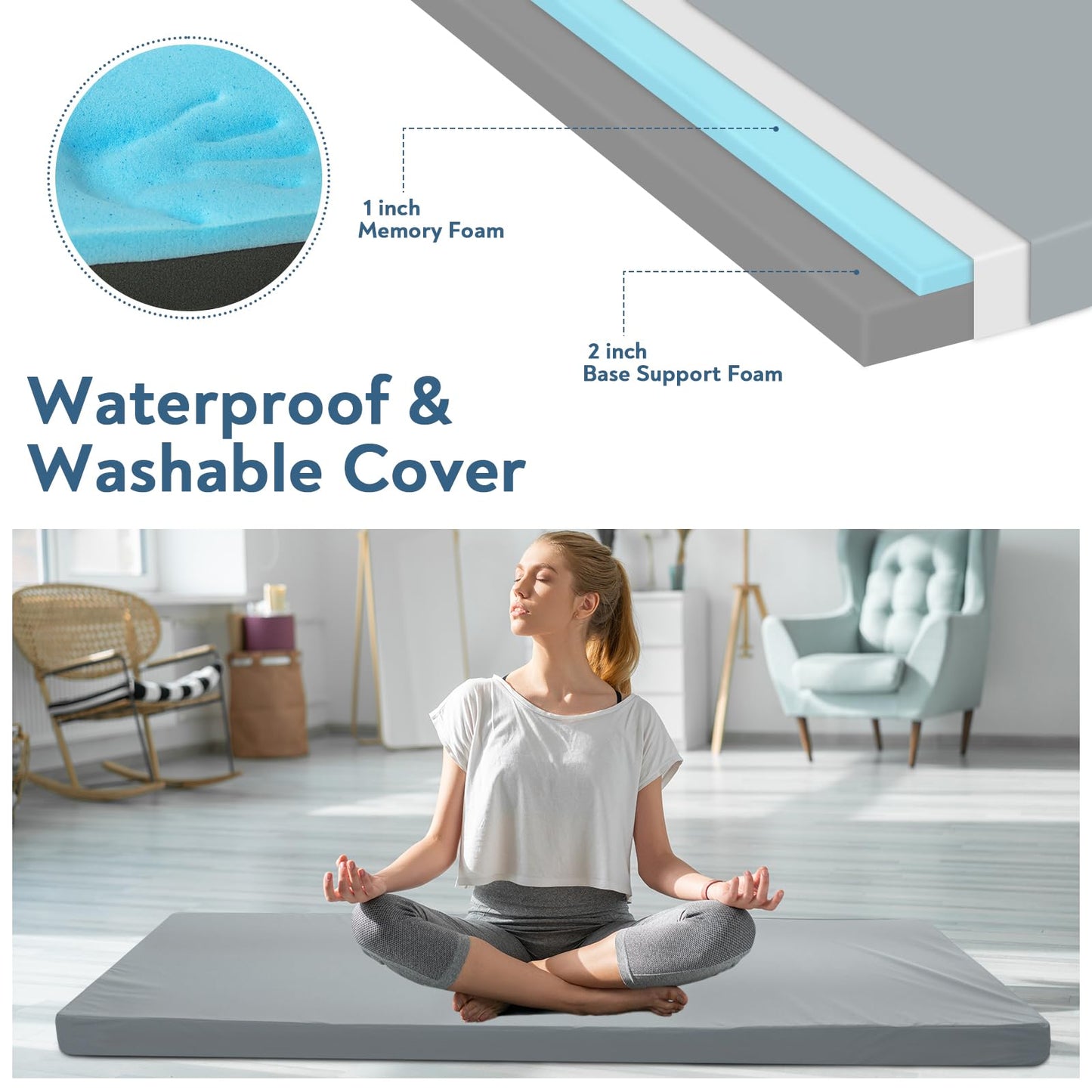 Memory Foam Camping Cot Mattress Pad, 3 Inch Thick Sleeping Pad with Waterproof Cover, 72"×24"×3" Non-Slip Portable Roll up Cot Mattress Pad Mat for Travel Truck Bed Tent, Not for 75"×30", Gray