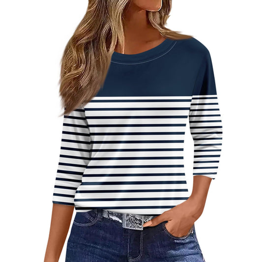 Generic Summer Tops for Women 2024 3/4 Length Sleeve Casual Cosy T-Shirts Round Neck Three Quarter Sleeve Print Trendy Cute Blouse, Large, 05-navy